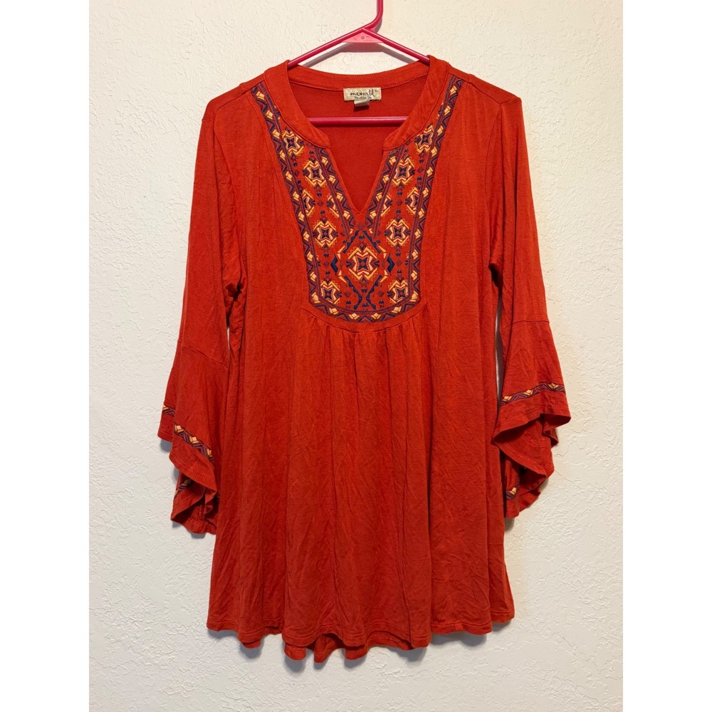 One World Embroidered Boho Tunic Top Rust Red Bell Sleeve XL 592SC30P73P